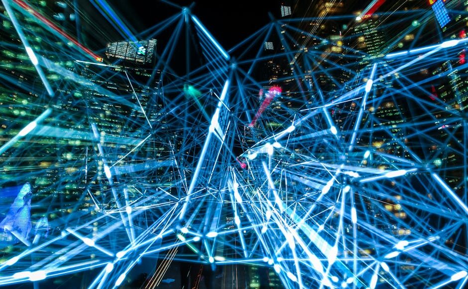 Dynamic urban scene showcasing interconnected light trails representing digital communication networks.